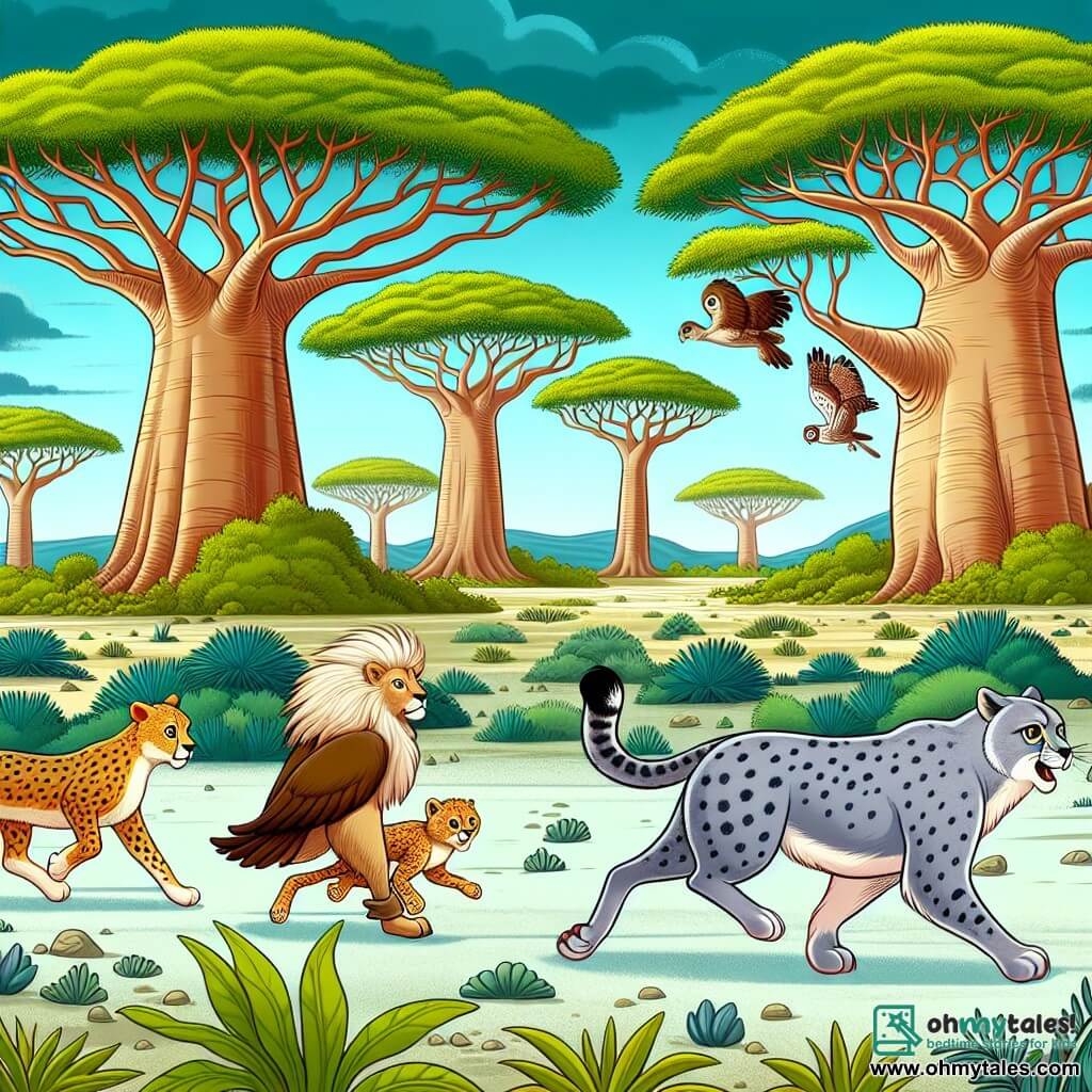 Une illustration destinée aux enfants représentant un lion majestueux, une situation de sécheresse, une cheetah rapide et un sage hibou se lançant dans une quête périlleuse à travers une savane luxuriante bordée de baobabs centenaires.