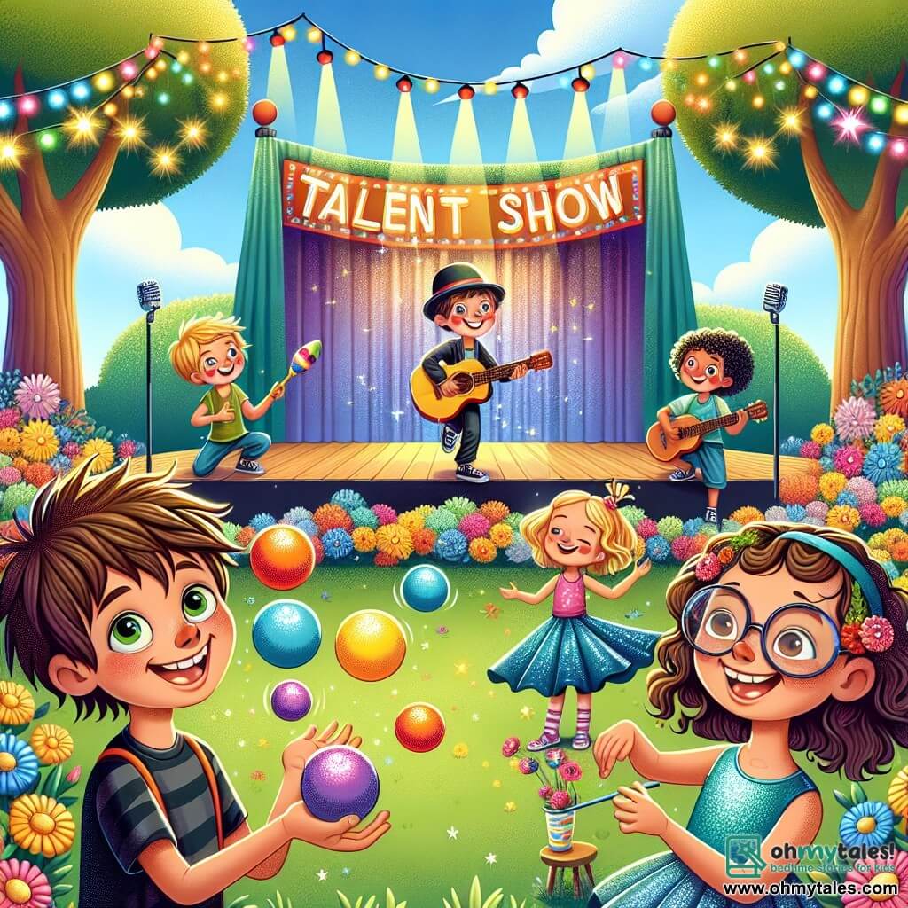 An illustration depicts a vibrant scene in a sunny park filled with colorful flowers and majestic trees. At the center, a performance stage is adorned with string lights and a large colorful sign reading "Talent Show." A 10-year-old boy with messy brown hair and a mischievous smile joyfully juggles multicolored balls, his eyes sparkling with joy. Next to him, a 9-year-old girl with curly hair, dressed in a shimmering blue dress, dances gracefully, her arms raised to the sky, inviting others to join her. In the background, another 10-year-old girl with glasses and a focused expression stands near a microphone, ready to recite a poem, while an 11-year-old boy with a guitar smiles and prepares to play an upbeat melody. The atmosphere is filled with laughter and applause, with children of all ages and backgrounds in the audience, clapping and having fun together. Colorful balloons float in the air, and the sky is a bright blue, symbolizing joy and unity.