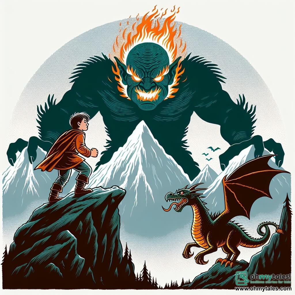 Une illustration destinée aux enfants représentant un imposant ogre aux yeux flamboyants, se tenant au sommet d'une montagne escarpée, tandis qu'un jeune garçon courageux et son fidèle dragon s'approchent avec détermination, prêts à défier les forces obscures qui menacent de plonger la vallée enchantée dans les ténèbres éternelles.