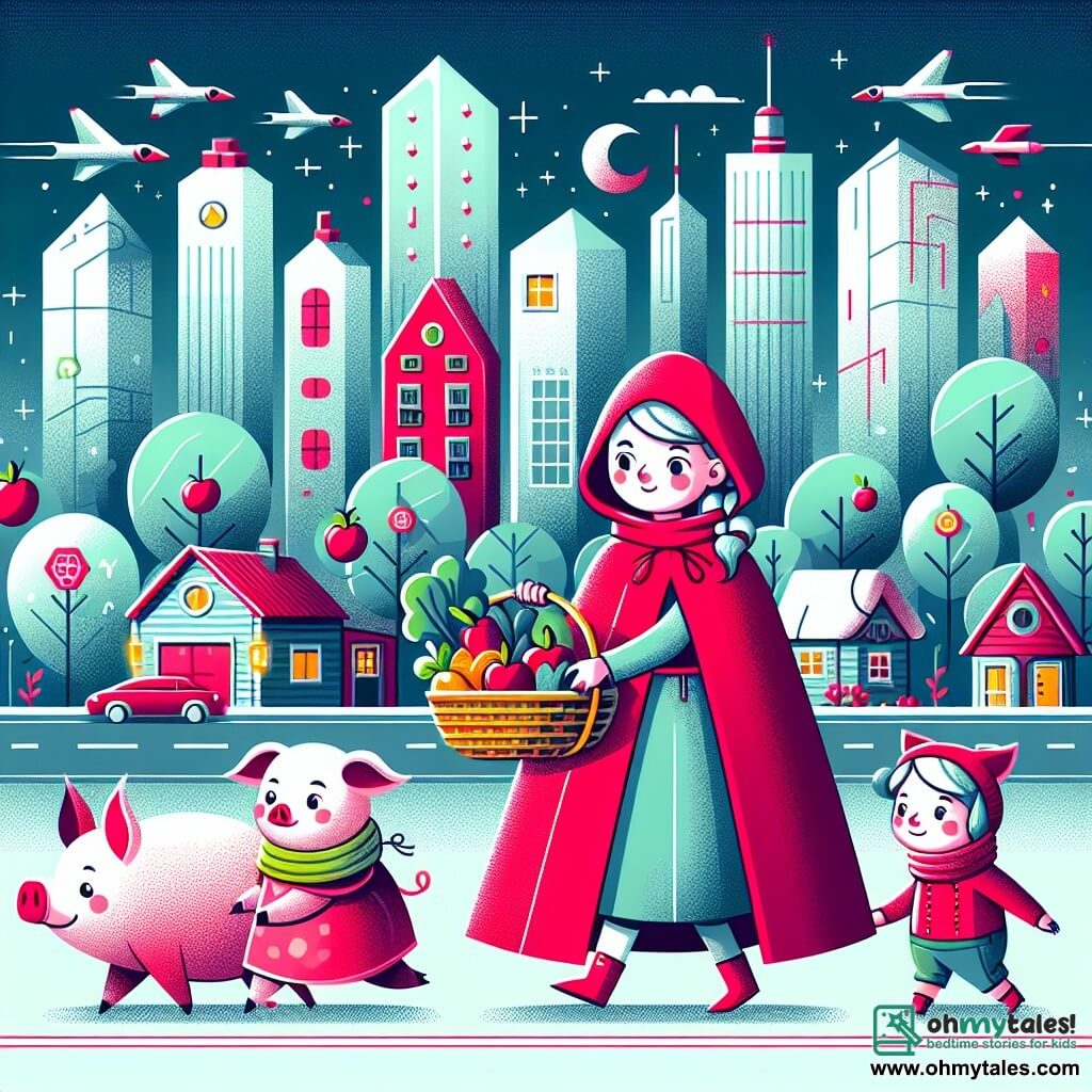 Une illustration destinée aux enfants représentant une jeune fille au chaperon rouge, apportant un panier de fruits et légumes à sa grand-mère malade, accompagnée de ses amis, trois petits cochons habitant des maisons écologiques, dans une ville futuriste envahie par des gratte-ciel illuminés et des voitures volantes.