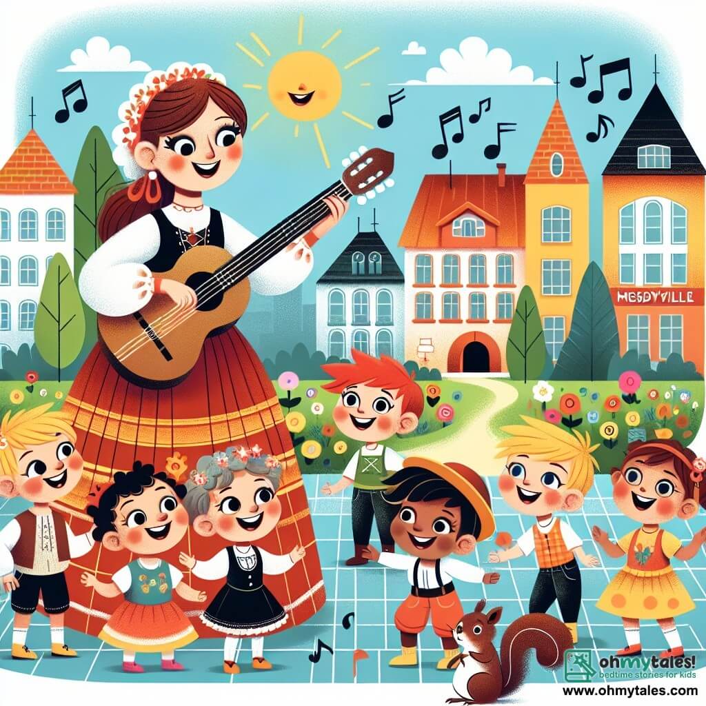 Une illustration destinée aux enfants représentant une jeune femme musicienne talentueuse enseignant la musique à des enfants joyeux, accompagnée d'un petit écureuil espiègle, dans la ville ensoleillée et colorée de Melodyville.
