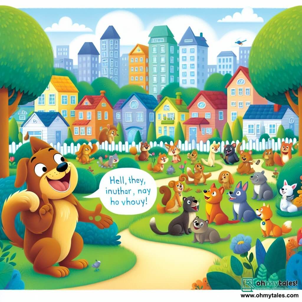 Une illustration destinée aux enfants représentant un chien espiègle avec une queue bavarde, partageant des histoires amusantes avec des animaux dans une ville animée remplie de maisons colorées, d'arbres majestueux et d'un parc verdoyant.