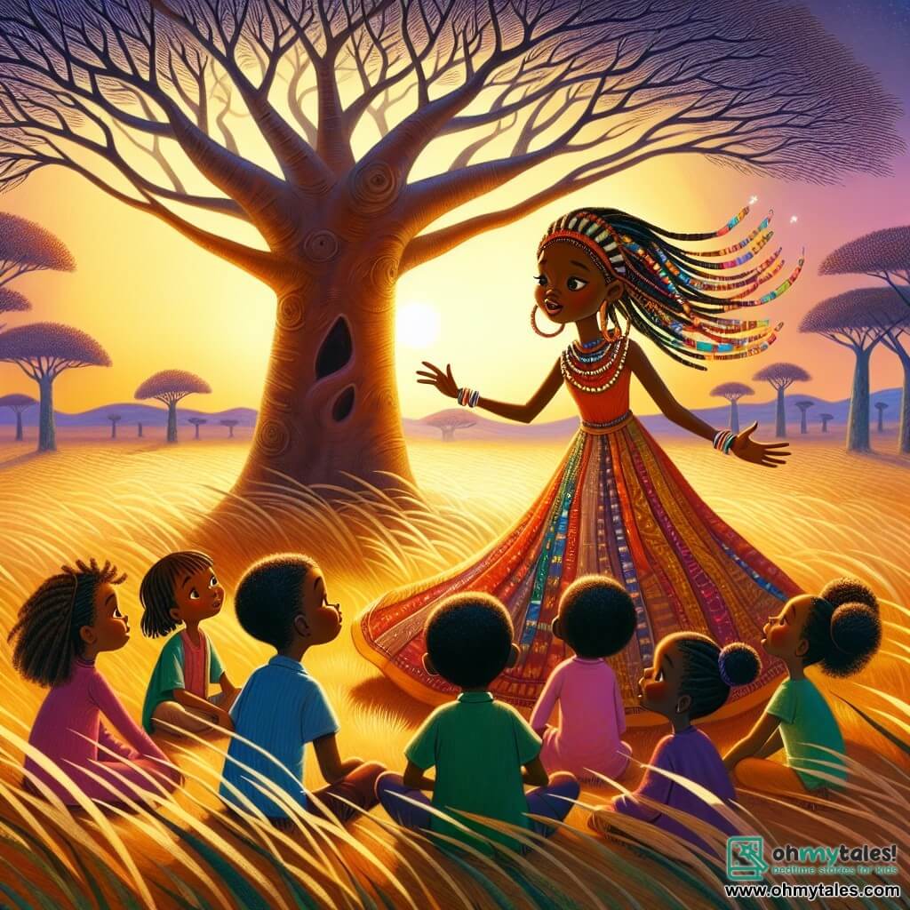 An illustration depicts a vast African savannah landscape bathed in the golden light of sunset. At the center stands a majestic baobab tree, its branches extended like welcoming arms, surrounded by tall grasses gently swaying in the breeze. The main character is a young woman in her twenties, with long braided hair adorned with colorful beads. She wears a traditional dress with vibrant patterns that dances around her as she stands with her arms open, as if listening to the whispers of the wind. Her face expresses both curiosity and wisdom, illuminated by a warm smile. Surrounding her are several children aged 6 to 10, sitting in a circle on the ground, captivated by her storytelling. They have round, joyful faces with eyes sparkling in wonder. Some wear simple clothes, while others are dressed in bright colors, adding cheer to the scene. The main situation shows the young woman sharing a magical story about the spirits of the wind, as the wind seems to dance around them, rustling the leaves and creating an atmosphere of mystery and enchantment. Stars begin to twinkle in the sky, adding a touch of magic to the entire scene.