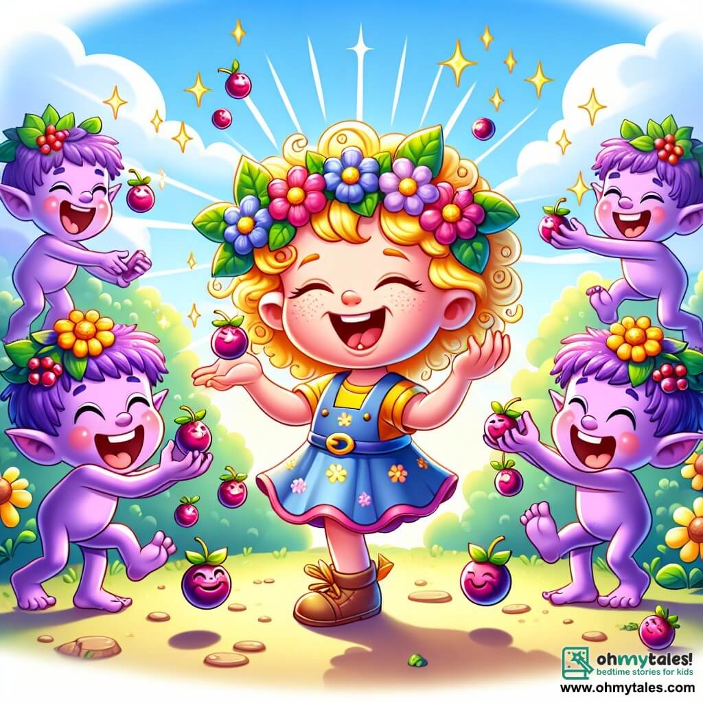 Une illustration sous forme de dessin destinée aux enfants représentant un jardin coloré et enchanté à Gigglewood, avec une fille de 5 ans aux cheveux bouclés et dorés, riant joyeusement en tenant des baies scintillantes dans ses petites mains, entourée de trois gobelins rigolos aux peaux violettes, chacun portant un chapeau en fleurs, qui dansent et rient tout en lançant des baies qui éclatent de rire, le tout sous un ciel ensoleillé parsemé de nuages souriants.