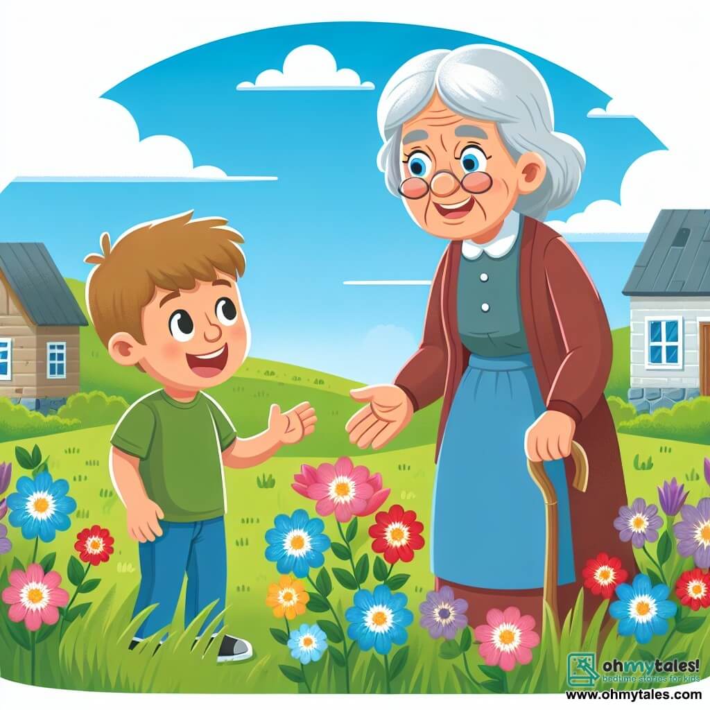 Une illustration destinée aux enfants représentant un garçon joyeux et curieux faisant la rencontre d'une gentille vieille dame dans une petite ville entourée de prairies verdoyantes et de fleurs colorées.