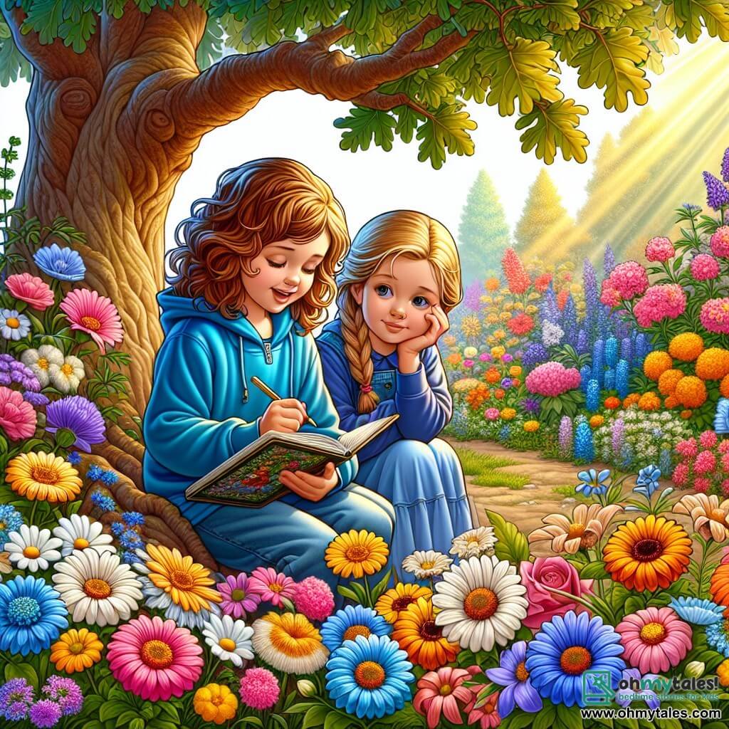 Une illustration sous forme de dessin destinée aux enfants représentant un jardin vibrant de couleurs, rempli de fleurs éclatantes comme des marguerites et des soucis, où une fille de 11 ans aux cheveux châtains bouclés, portant un sweat à capuche bleu, s'agenouille avec un sourire doux, tenant un carnet dans ses mains, tandis qu'à ses côtés, une autre fille de 11 ans aux cheveux blonds tressés, les yeux remplis d'émotion, observe attentivement, toutes deux en train de partager des souvenirs et de créer un livre de mémoire en hommage à un grand-père bien-aimé, avec des rayons de soleil filtrant à travers les feuilles d'un vieux chêne, symbolisant l'espoir et la continuité de l'amour.