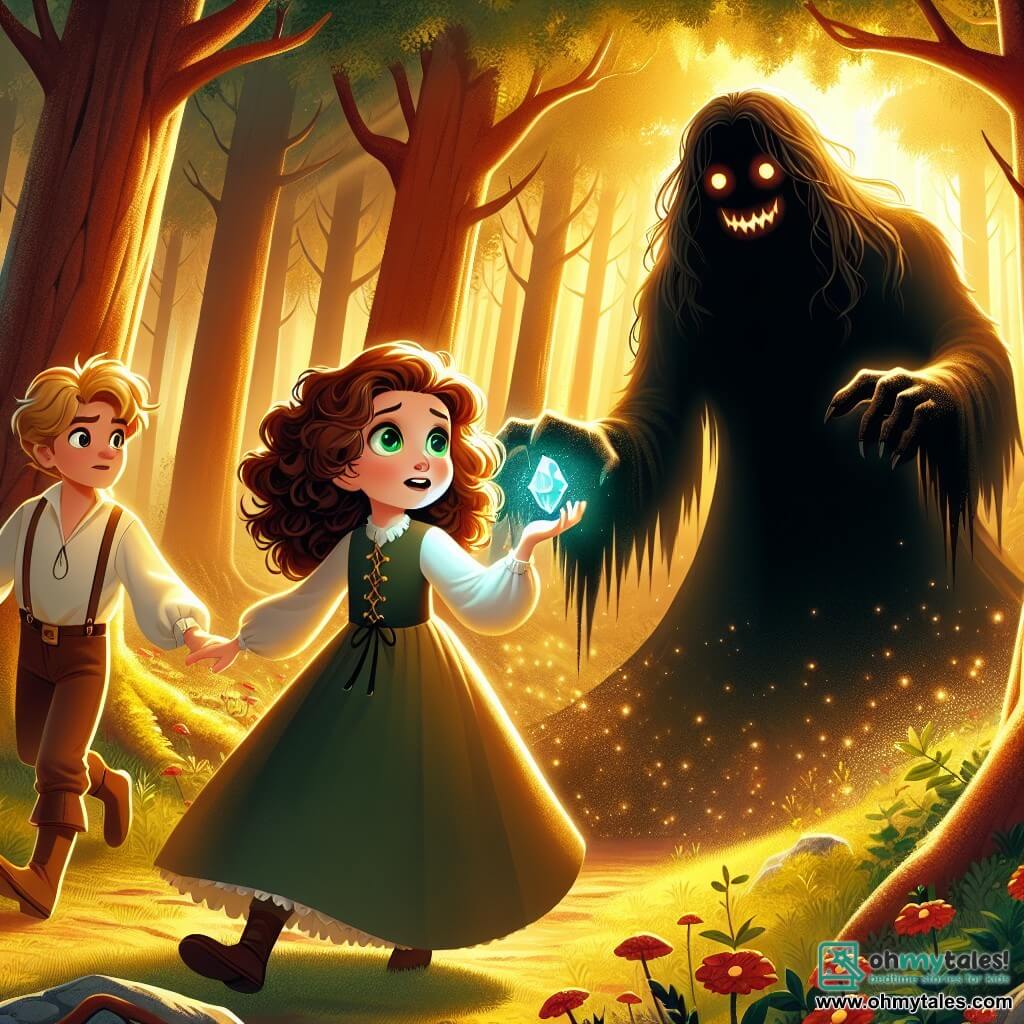 Une illustration sous forme de dessin destinée aux enfants représentant une clairière enchantée au cœur des Whispering Woods, où une jeune fille aux cheveux châtain bouclés et aux yeux émeraude, tenant un gemme lumineuse dans sa main, se tient courageusement face à une silhouette sombre et menaçante, le Shadow Keeper, un être colossal enveloppé de ténèbres avec des yeux rougeoyants, tandis qu'à ses côtés, un garçon grand et costaud aux traits amicaux, avec un sourire rassurant, l'encourage avec détermination, le tout baigné dans une lumière dorée filtrant à travers les feuilles des arbres majestueux, symbolisant l'amitié et le courage face à l'adversité.