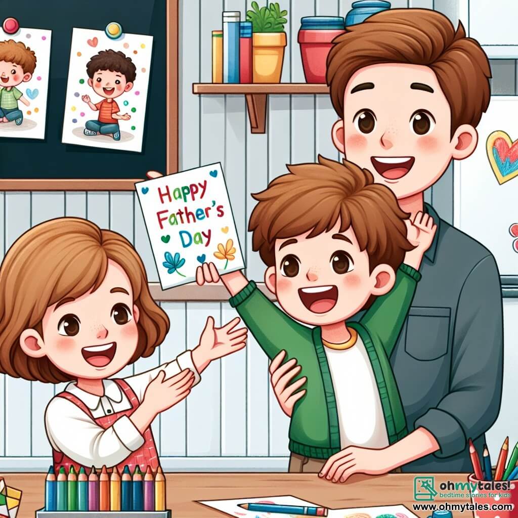 Une illustration destinée aux enfants représentant un petit garçon joyeux offrant une carte faite maison à son père pour la fête des pères, accompagné de sa maman souriante, dans une cuisine chaleureuse avec des crayons colorés et des dessins accrochés au frigo.