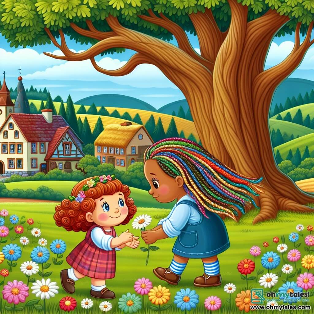 Une illustration destinée aux enfants représentant une petite fille aux boucles rousses jouant avec sa nouvelle amie aux tresses colorées sous un majestueux chêne, dans un charmant village entouré de collines verdoyantes et de champs de fleurs multicolores, illustrant des leçons de tolérance et d'acceptation.