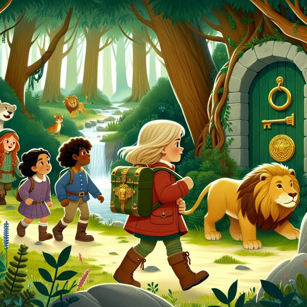 Une illustration destinée aux enfants représentant une petite fille intrépide, accompagnée de ses amis, découvrant une mystérieuse forêt avec des arbres majestueux, un lion protecteur et une porte de pierre cachée menant à un trésor étincelant.