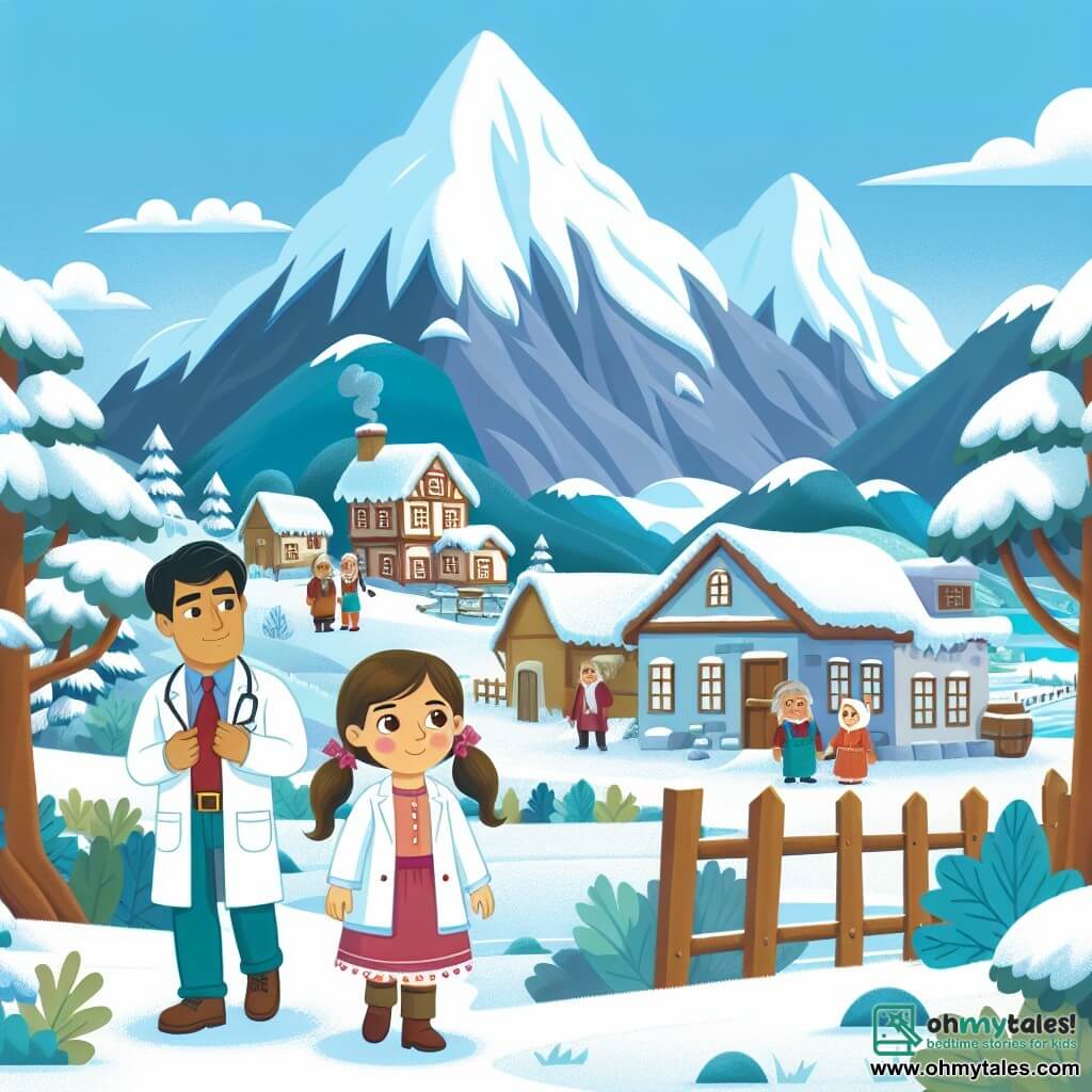 Une illustration destinée aux enfants représentant une jeune femme courageuse et curieuse, accompagnée d'un scientifique bienveillant, explorant un mystérieux village enneigé situé au pied d'une montagne majestueuse aux sommets enneigés.