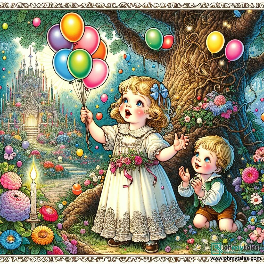 Une illustration destinée aux enfants représentant une fillette émerveillée par une chasse au trésor d'anniversaire, accompagnée de son petit frère espiègle, dans un jardin enchanté rempli de ballons colorés, de fleurs chatoyantes et d'un majestueux chêne centenaire.