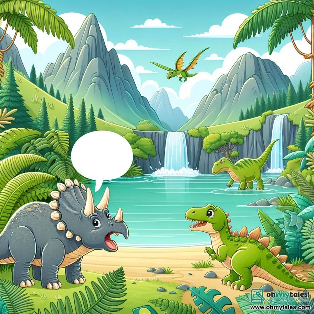 Une illustration destinée aux enfants représentant un tricératops parlant, accompagné d'un jeune stégosaure, explorant une vallée luxuriante de la période du Mésozoïque, avec des fougères géantes, des cascades scintillantes et des montagnes majestueuses en arrière-plan.