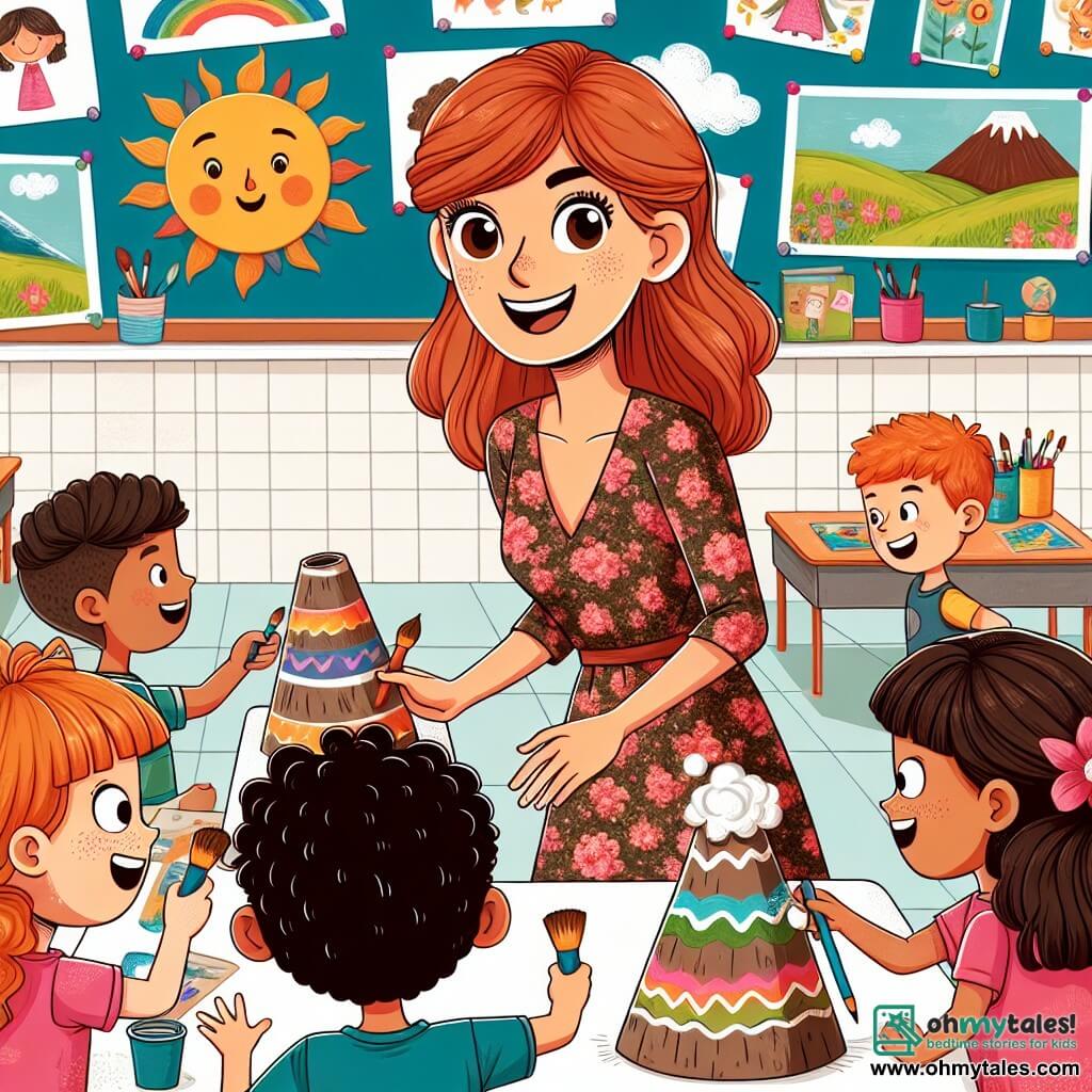 Une illustration sous forme de dessin destinée aux enfants représentant une salle de classe colorée et ensoleillée, avec des murs décorés de dessins d'enfants, où une institutrice aux cheveux auburn enjoués, portant une robe à motifs floraux, sourit chaleureusement tout en aidant un groupe d'élèves enthousiastes, dont une fille aux cheveux bouclés tenant un pinceau et un garçon aux lunettes ajustant un volcan en papier mâché, alors qu'ils préparent ensemble une grande célébration de fin d'année, remplie de joie et d'excitation.