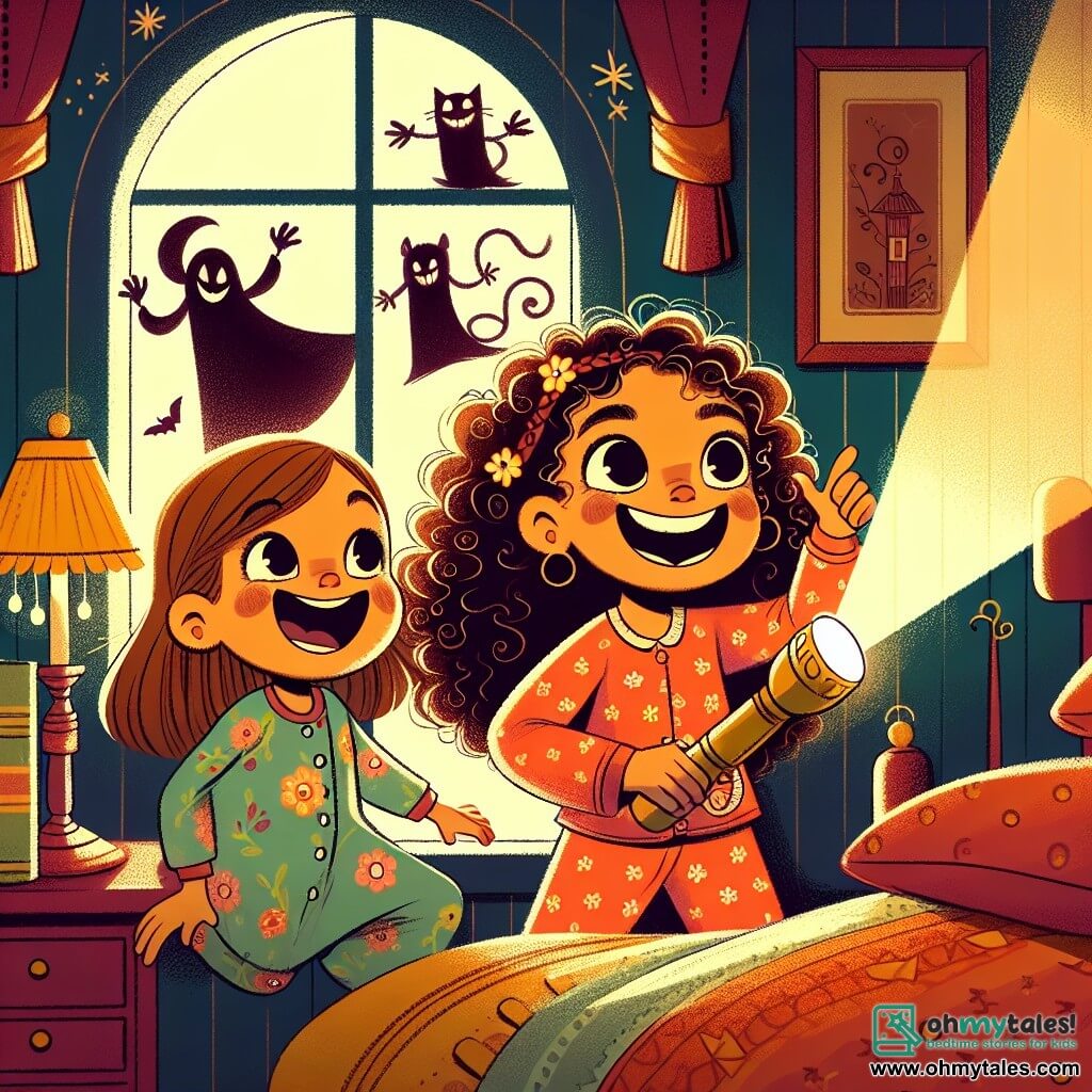 Une illustration sous forme de dessin destinée aux enfants représentant une chambre chaleureuse et douillette, éclairée par la lueur d'une lampe de chevet, où une fille de 7 ans aux cheveux bouclés et aux yeux brillants, vêtue d'un pyjama coloré, tient une petite lampe de poche et rit avec enthousiasme en pointant la lumière sur les ombres dans la pièce, tandis qu'à ses côtés, une autre fille de 7 ans aux cheveux lisses et à la robe à fleurs, sourit et fait semblant de combattre les ombres avec un coussin, illustrant ainsi leur aventure imaginative pour surmonter la peur du noir.