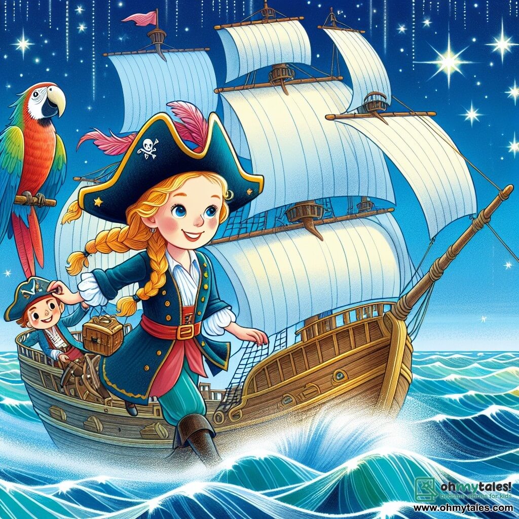 Une illustration destinée aux enfants représentant une courageuse pirate capitaine (fille) naviguant sur un navire majestueux à la recherche d'un trésor légendaire, accompagnée de son loyal perroquet (garçon), voguant à travers des eaux cristallines scintillantes sous un ciel étoilé.