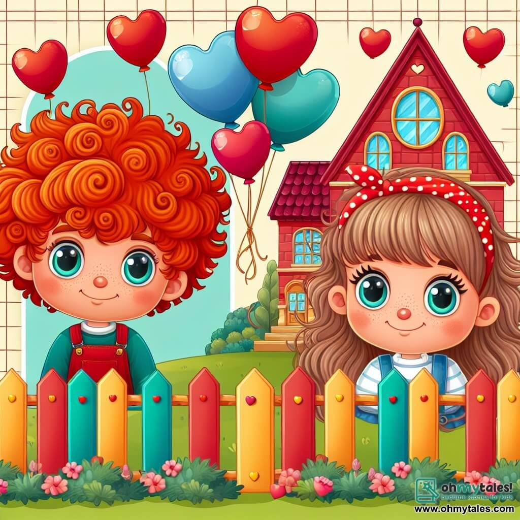 Une illustration destinée aux enfants représentant un garçon aux cheveux roux bouclés, une fille aux yeux brillants, une maison aux clôtures colorées et des ballons en forme de cœur, dans la ville paisible de Willow Creek, où l'amour et l'amitié triomphent toujours le jour de la Saint-Valentin.
