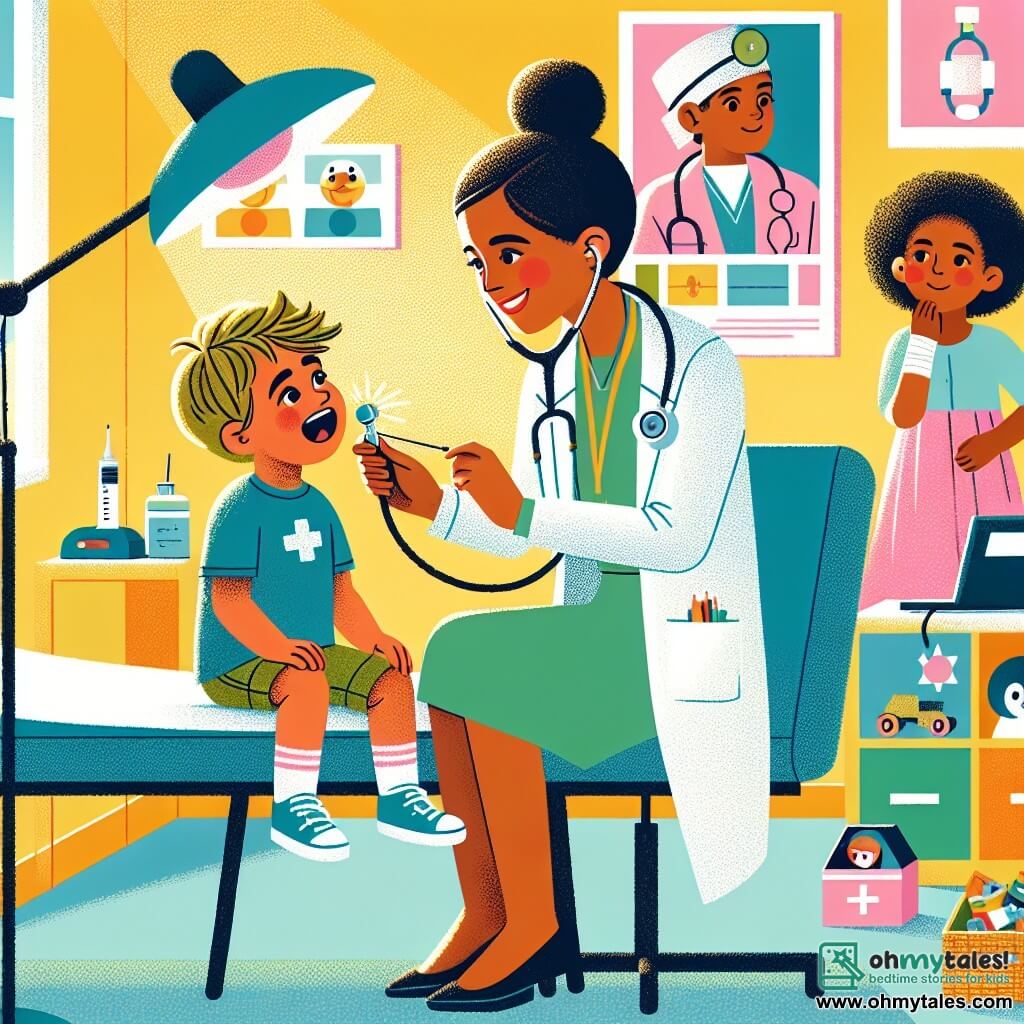 The illustration depicts a bright and welcoming consultation room with pastel yellow walls and colorful health posters. In the center, a smiling female doctor in her thirties with brown hair in a bun and wearing a white coat examines a small boy. The boy, around 6 years old with messy blonde hair, is wearing a blue t-shirt and is opening his mouth wide saying "Ahh!" while the doctor uses a lamp to check his throat. In one corner, a 7-year-old girl with curly hair and a bandage on her knee watches curiously. She is wearing a pink dress and seems reassured by the doctor's presence. The main scene shows the doctor attentively caring for the boy, creating a warm and caring atmosphere. Colorful toys are scattered on a table, and a stethoscope is placed next to a computer, enhancing the friendly ambiance of a medical office.