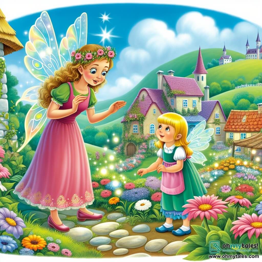 Une illustration destinée aux enfants représentant une jeune fille curieuse découvrant un jardin enchanté avec l'aide d'une fée aux ailes scintillantes, dans un village pittoresque aux collines verdoyantes et aux fleurs éclatantes de couleurs vives.