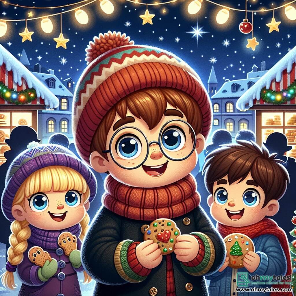 Une illustration sous forme de dessin destinée aux enfants représentant un marché de Noël féerique à Jinglewood, avec un garçon de 7 ans aux cheveux châtains et aux lunettes rondes, portant un bonnet en tricot trop grand, qui sourit en tenant des décorations colorées, tandis qu'à ses côtés, une fille aux cheveux blonds tressés, vêtue d'une écharpe rouge, et un garçon aux cheveux bruns, portant un manteau bleu, rient en partageant des biscuits de Noël, le tout sous un ciel étoilé illuminé par des guirlandes scintillantes et entouré de stands décorés de lumières et de jouets.