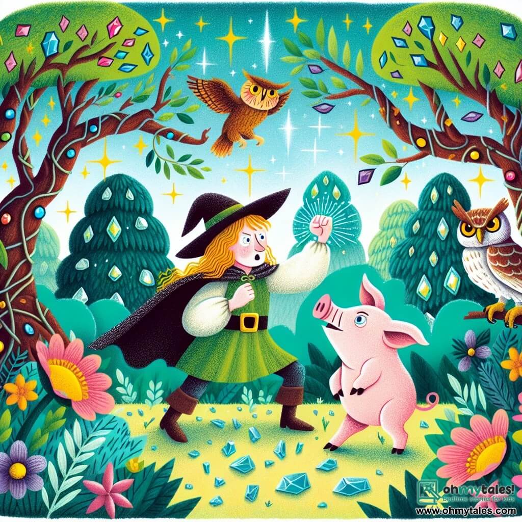 Une illustration destinée aux enfants représentant un(e) courageux/courageuse porcelet(te) affrontant une sorcière maléfique pour sauver une forêt enchantée, accompagné(e) d'un sage hibou, dans un bois magique aux arbres sertis de joyaux scintillants et aux fleurs aux couleurs éclatantes.