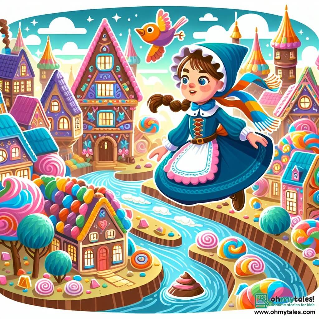 Une illustration destinée aux enfants représentant une jeune fille intrépide, défiant les lois de la gravité, accompagnée d'un petit oiseau joyeux, dans un village enchanté rempli de maisons en bonbons aux couleurs vives et de rivières en chocolat.