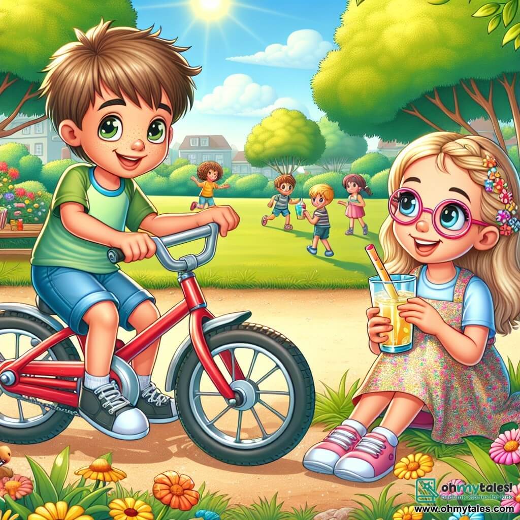 An illustration depicting a sunny park with lush trees, colorful flowers, and a gravel path where children are joyfully playing. In the center of the image, a 7-year-old boy with messy brown hair and a big smile is sitting on a shiny red bike. He is wearing a blue t-shirt and yellow shorts, looking excitedly at his friend. Next to him, a 7-year-old girl with braided blonde hair and pink glasses smiles while holding a glass of lemonade. She is wearing a floral dress and seems to encourage the boy to be honest. The scene shows the boy hesitating, with a doubtful expression on his face, while the girl speaks to him kindly. In the background, other children are playing and laughing, adding a cheerful and friendly atmosphere to the park.