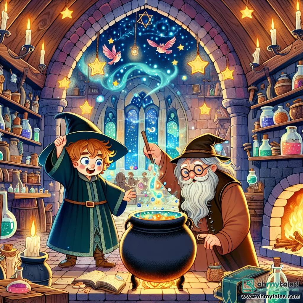 Une illustration destinée aux enfants représentant un jeune apprenti sorcier, plein de malice, qui provoque des catastrophes magiques avec l'aide d'un professeur sorcier bienveillant, dans un atelier de sorcellerie rempli de chaudrons bouillonnants, de livres de sorts poussiéreux et de bougies scintillantes, situé dans une contrée enchantée aux couleurs vives et aux arbres dansants.