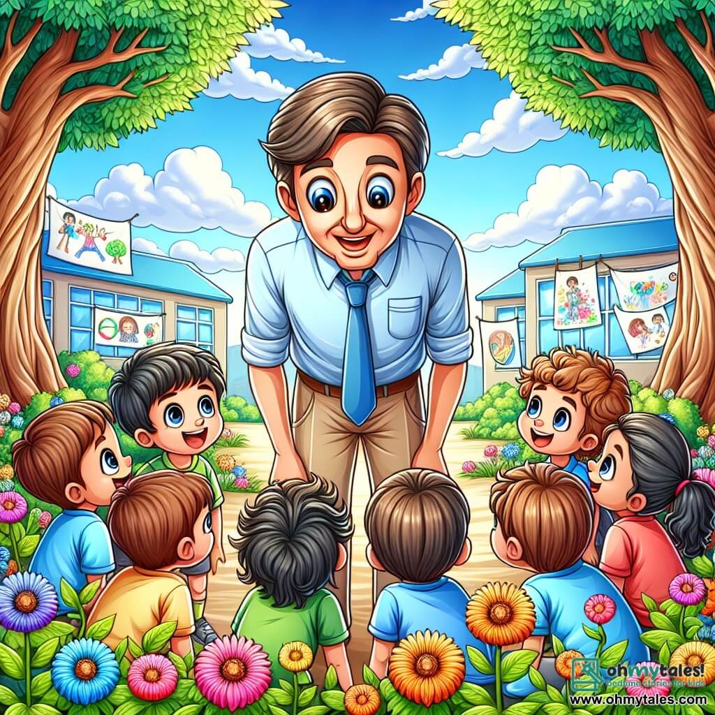 An illustration depicting a vibrant scene in a sunny schoolyard, surrounded by tall trees with bright green leaves. In the center, a friendly, smiling man wearing a blue shirt and beige pants leans towards a group of children. He has slightly graying brown hair and sparkling, kind eyes. Among the children, an enthusiastic 8-year-old girl with big brown eyes and curly hair stands, while a curious 9-year-old boy with messy blonde hair looks on with a shy smile. The main situation shows the man sharing stories about peace and friendship, as the children listen attentively, captivated by his words. Colorful flowers are planted around them, symbolizing growth and understanding. The sky is blue with a few white clouds, and drawings of peace and friendship are hung on the school walls, adding a cheerful touch to the overall scene.
