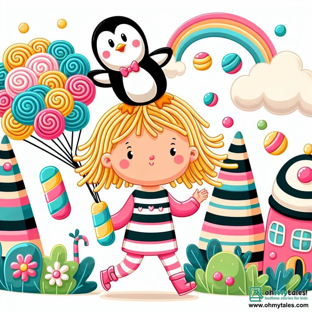 Une illustration destinée aux enfants représentant une petite fille aux cheveux en forme de spaghetti, se retrouvant embarquée dans une aventure loufoque avec un pingouin jongleur, dans un monde où les arbres sont en forme de chaussettes rayées, les nuages ressemblent à des marshmallows et les maisons sont faites de bonbons multicolores.