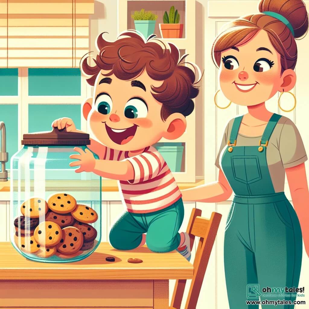 Une illustration sous forme de dessin destinée aux enfants représentant une cuisine lumineuse avec un comptoir en bois, où un garçon de 3 ans aux cheveux bouclés et aux yeux pétillants, debout sur une chaise, atteint avec excitation un grand pot à biscuits en verre, tandis que sa maman, une femme souriante aux cheveux bruns attachés en chignon, l'observe avec un mélange d'amusement et de désapprobation, illustrant le moment où le petit garçon essaie de prendre un cookie avant le dîner, entouré de l'odeur délicieuse de biscuits fraîchement cuits.