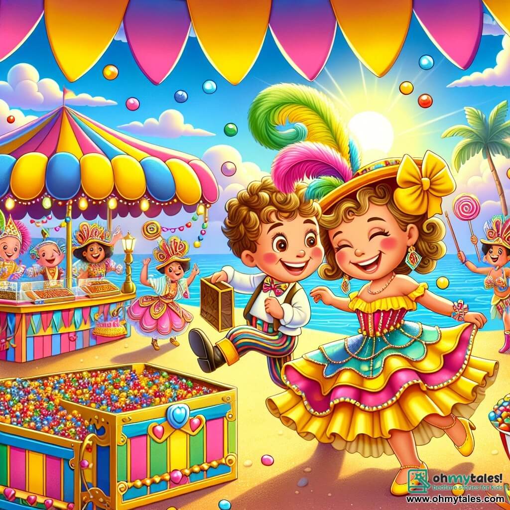 Une illustration sous forme de dessin destinée aux enfants représentant un carnaval coloré sur une île ensoleillée, avec des stands de friandises et des danseurs en costumes éclatants, où un garçon de 5 ans aux cheveux bouclés et aux yeux pétillants, tenant une carte au trésor, danse joyeusement aux côtés d'une petite fille de son âge, portant une robe jaune avec un grand nœud dans les cheveux, alors qu'ils découvrent ensemble un coffre scintillant rempli de perles colorées, le tout baigné dans une ambiance festive et joyeuse.