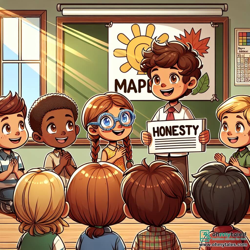 Une illustration sous forme de dessin destinée aux enfants représentant une salle de classe colorée et ensoleillée de l'école Maplewood Elementary, où un groupe d'enfants de 7 ans, comprenant un garçon aux cheveux bouclés et un sourire éclatant, se tient devant un grand poster illustré sur l'honnêteté, tandis qu'une fille aux lunettes brillantes et aux cheveux tressés l'encourage avec enthousiasme, tandis que d'autres camarades de classe, un garçon aux cheveux bruns et une fille aux cheveux blonds, les écoutent attentivement, tous exprimant des émotions de curiosité et d'excitation, soulignant l'importance de la vérité dans leurs interactions.