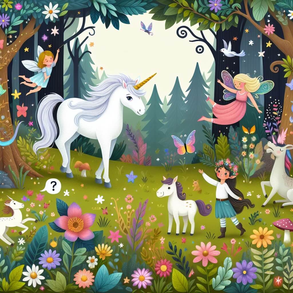Une illustration destinée aux enfants représentant une majestueuse licorne blanche, perdue dans une forêt enchantée remplie de fleurs colorées et entourée de créatures magiques, telles que des fées virevoltant et des animaux curieux, dans une quête pour découvrir son véritable moi.