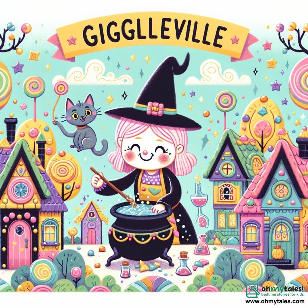 Une illustration destinée aux enfants représentant une sorcière farfelue concoctant des potions magiques avec l'aide de son chat flottant, au cœur d'un village enchanté appelé Giggleville, où les maisons sont faites de bonbons colorés et les arbres sont couverts de confettis étincelants.