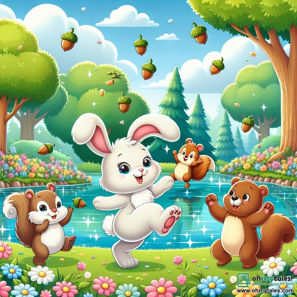 Illustration destinée aux enfants représentant une scène joyeuse au bord d'un étincelant étang entouré de fleurs colorées et de grands arbres aux feuilles verdoyantes, où un petit lapin aux poils blancs et duveteux, avec de grandes oreilles curieuses, danse joyeusement sous un ciel bleu parsemé de nuages cotonneux. À ses côtés, un petit écureuil aux yeux pétillants et à la queue touffue, jongle avec des glands en riant, tandis qu'un ours brun, au sourire chaleureux, effectue des mouvements de danse maladroits, provoquant des éclats de rire chez tous les animaux rassemblés. L'atmosphère est remplie de joie et d'amusement, avec des acorns et des fleurs virevoltant autour d'eux, créant une ambiance festive et ludique.
