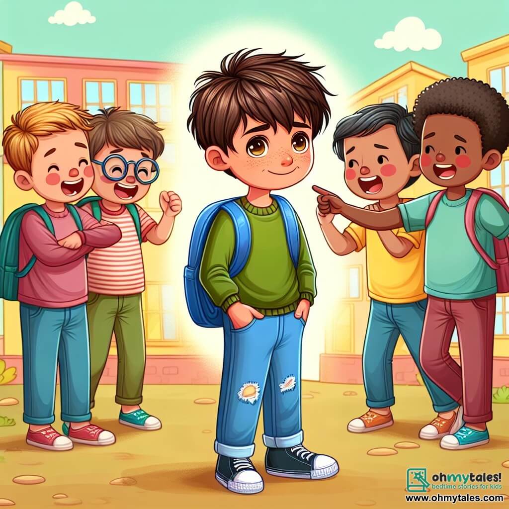 Une illustration sous forme de dessin destinée aux enfants représentant une cour d'école animée, où un garçon de 11 ans aux cheveux bruns en bataille et aux yeux pétillants se tient courageusement devant un groupe de camarades moqueurs, tandis qu'un autre garçon de son âge, timide et portant des lunettes, se tient en retrait avec une expression triste, et un ami à ses côtés, un garçon grand avec des cheveux bouclés, l'encourage à s'approcher, symbolisant l'importance de l'amitié et du soutien face au harcèlement.