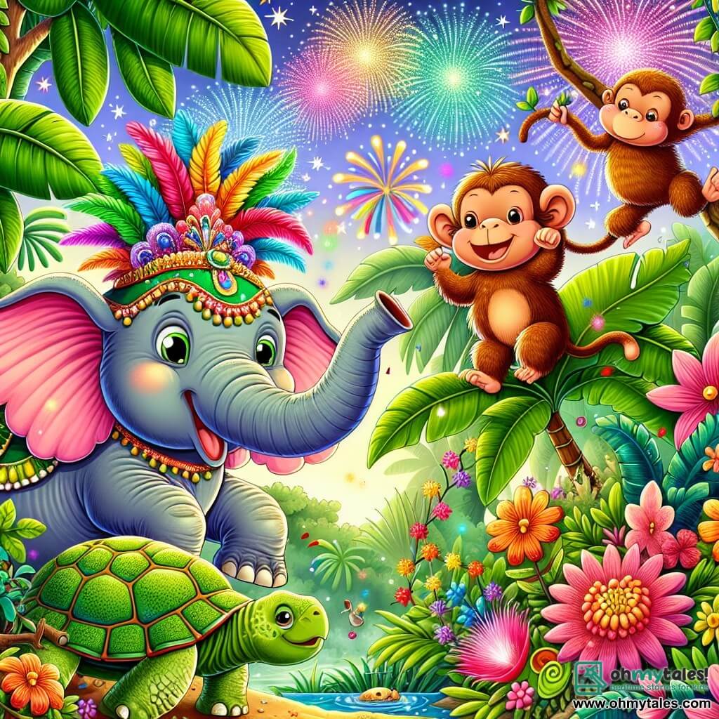 An illustration for children depicting a joyful scene in a colorful jungle, where large green leaves and vibrant flowers create an enchanted setting. In the center of the image, a pink elephant with big ears, wearing a multicolored feather hat, dances enthusiastically with its trunk in the air, surrounded by laughter and joy. Next to it, a mischievous little monkey with sparkling eyes and brown fur performs acrobatics by swinging from branch to branch, and an old turtle with a rough shell sits on a rock, smiling and observing the scene with wisdom. The main situation shows the elephant and the monkey celebrating a party in the jungle, surrounded by colorful creatures, with floating balloons and flower garlands, while fireworks light up the starry sky, creating an atmosphere of festivity and friendship.