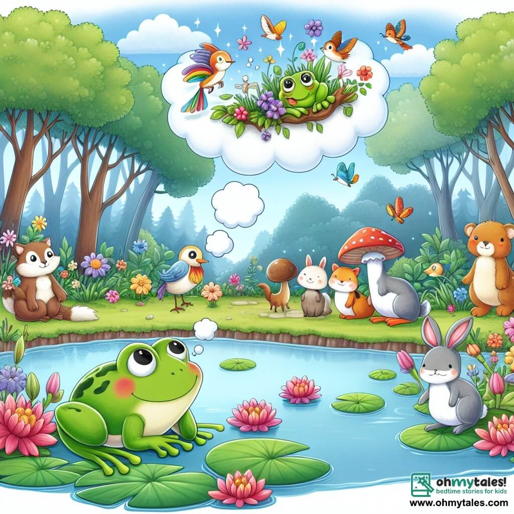 Une illustration destinée aux enfants représentant une petite grenouille curieuse qui rêve de quitter sa mare pour explorer un monde enchanteur, accompagnée de ses amis animaux, dans une forêt magique remplie de fleurs colorées et d'arbres majestueux.