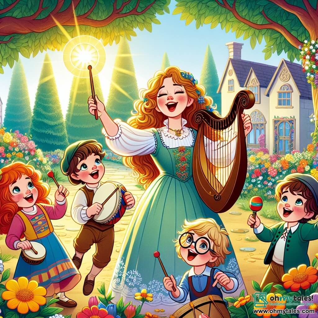 Une illustration sous forme de dessin destinée aux enfants représentant un charmant parc ensoleillé de la ville de Harmonyville, avec des fleurs colorées et des arbres majestueux, où une femme aux cheveux longs et ondulés, vêtue d'une robe légère et colorée, joue joyeusement de la lyre tout en chantant, entourée de quatre enfants : une fille aux pigtails rouges qui danse avec enthousiasme, un garçon aux lunettes rondes qui tient un tambour, une autre fille aux cheveux bouclés qui agite des maracas, et un garçon aux cheveux bruns qui sourit en chantant, tous unis dans un moment de création musicale joyeuse et amicale.