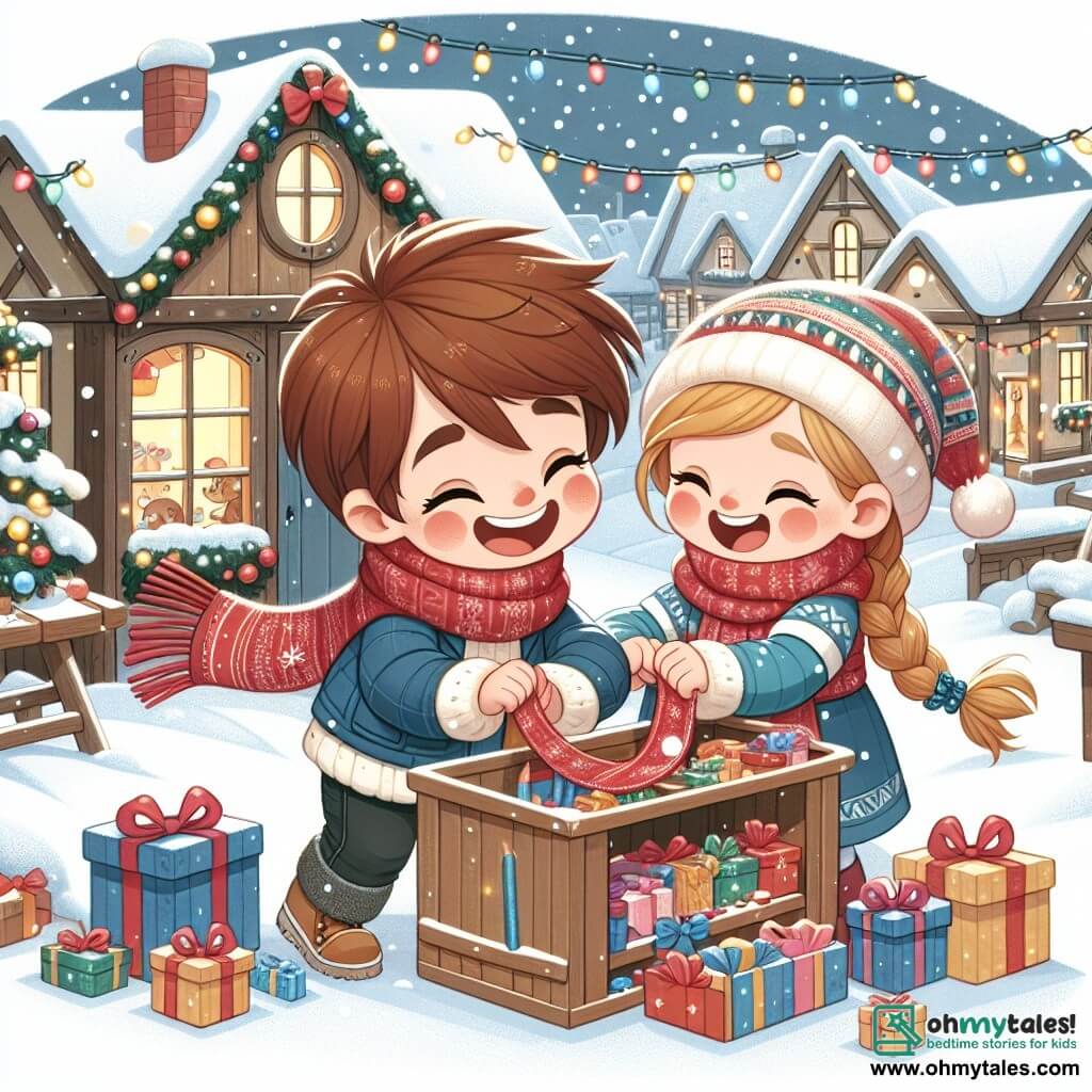 Une illustration sous forme de dessin destinée aux enfants représentant un charmant village enneigé pendant Noël, avec un garçon de 9 ans aux cheveux bruns ébouriffés, vêtu d'une écharpe rouge et d'une veste bleue, en train de rire joyeusement avec sa meilleure amie aux cheveux blonds tressés, portant un bonnet de Noël, alors qu'ils décorent un petit atelier en bois rempli de guirlandes scintillantes et de cadeaux colorés, illustrant leur enthousiasme à préparer des surprises pour leurs voisins.
