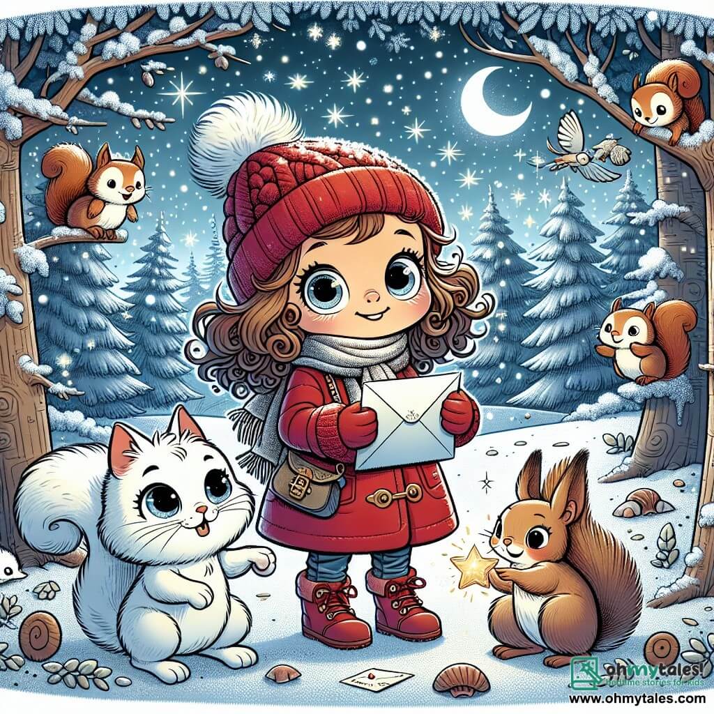 Une illustration sous forme de dessin destinée aux enfants représentant une forêt enchantée recouverte de neige scintillante, où une petite fille de 6 ans aux cheveux bouclés et aux yeux pétillants, vêtue d'un manteau rouge et d'un bonnet en laine, tient un lettre brillante à la main, tandis qu'un chat blanc aux yeux curieux l'accompagne, et des écureuils espiègles les entourent, tous prêts à aider à livrer une lettre magique à Santa Claus pour réaliser un vœu de Noël.