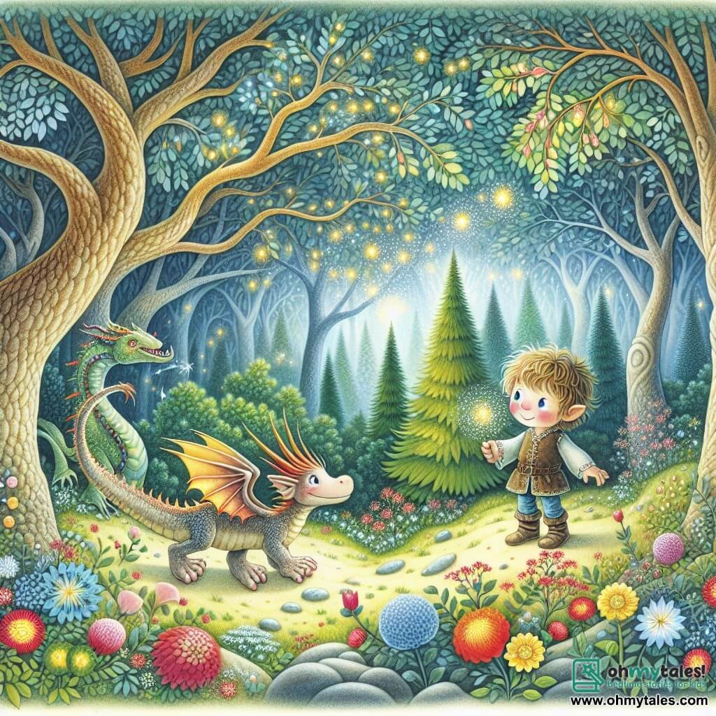 Une illustration destinée aux enfants représentant un troll curieux et espiègle, accompagné d'un dragon miniature, explorant les étendues magiques de la forêt enchantée, où les arbres semblent danser avec des feuilles chatoyantes et les fleurs éclatent de couleurs vives.