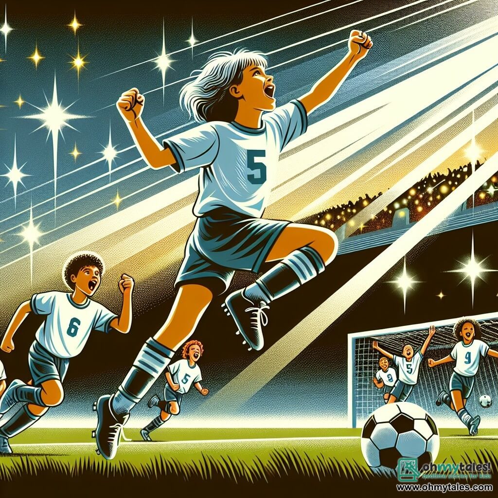 Une illustration destinée aux enfants représentant une jeune footballeuse passionnée, marquant un but décisif lors d'un match de championnat, sous les projecteurs scintillants du stade de Willowbrook, entourée de ses coéquipières jubilantes.