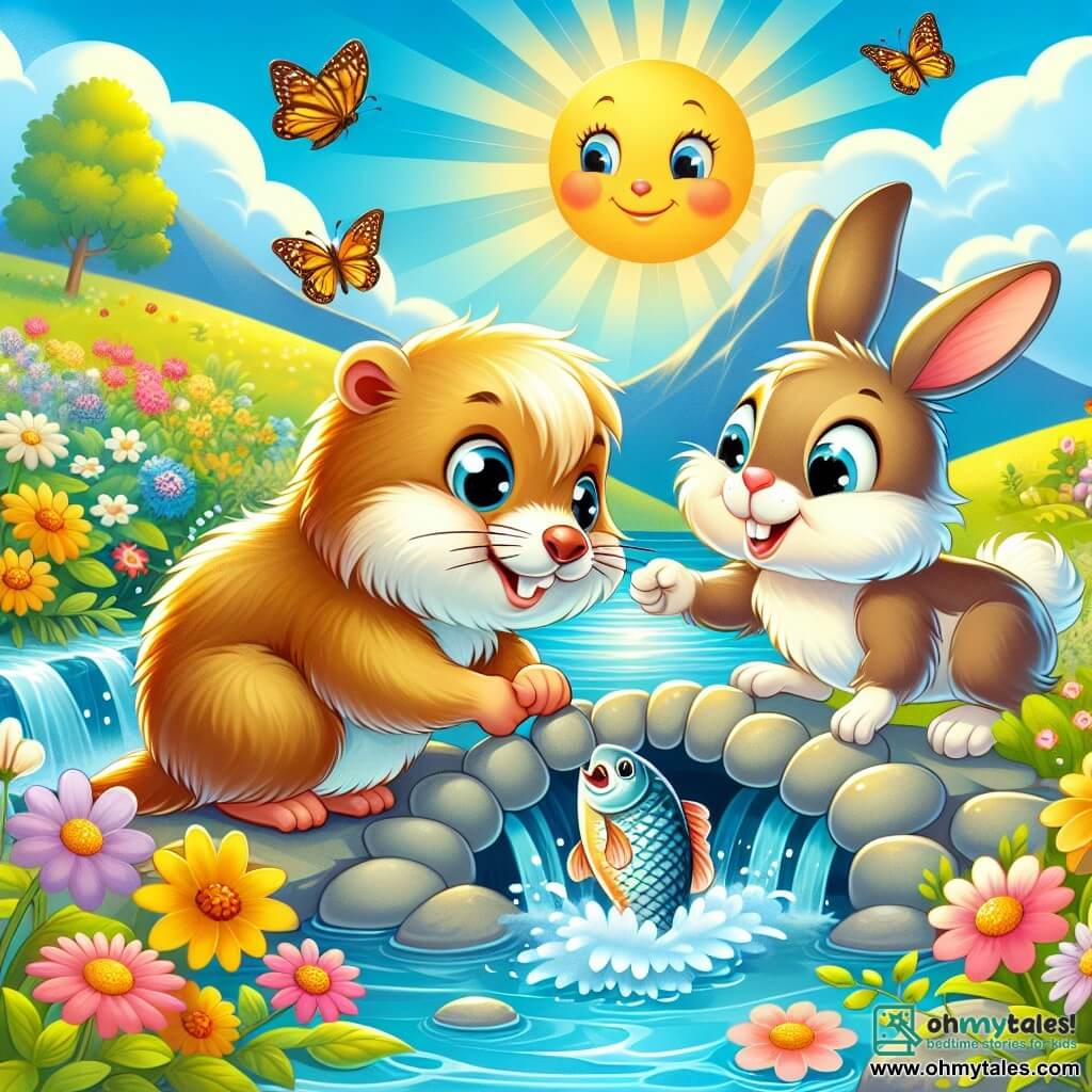 Une illustration sous forme de dessin destinée aux enfants représentant une scène ensoleillée dans une vallée magique, où une petite marmotte au pelage doré et aux yeux pétillants, avec un sourire courageux, aide un petit poisson aux écailles scintillantes à traverser un ruisseau en créant un pont de pierres, tandis qu'un adorable lapin aux grandes oreilles et à la fourrure blanche observe avec enthousiasme, le tout entouré de fleurs colorées et de papillons dansant dans l'air.