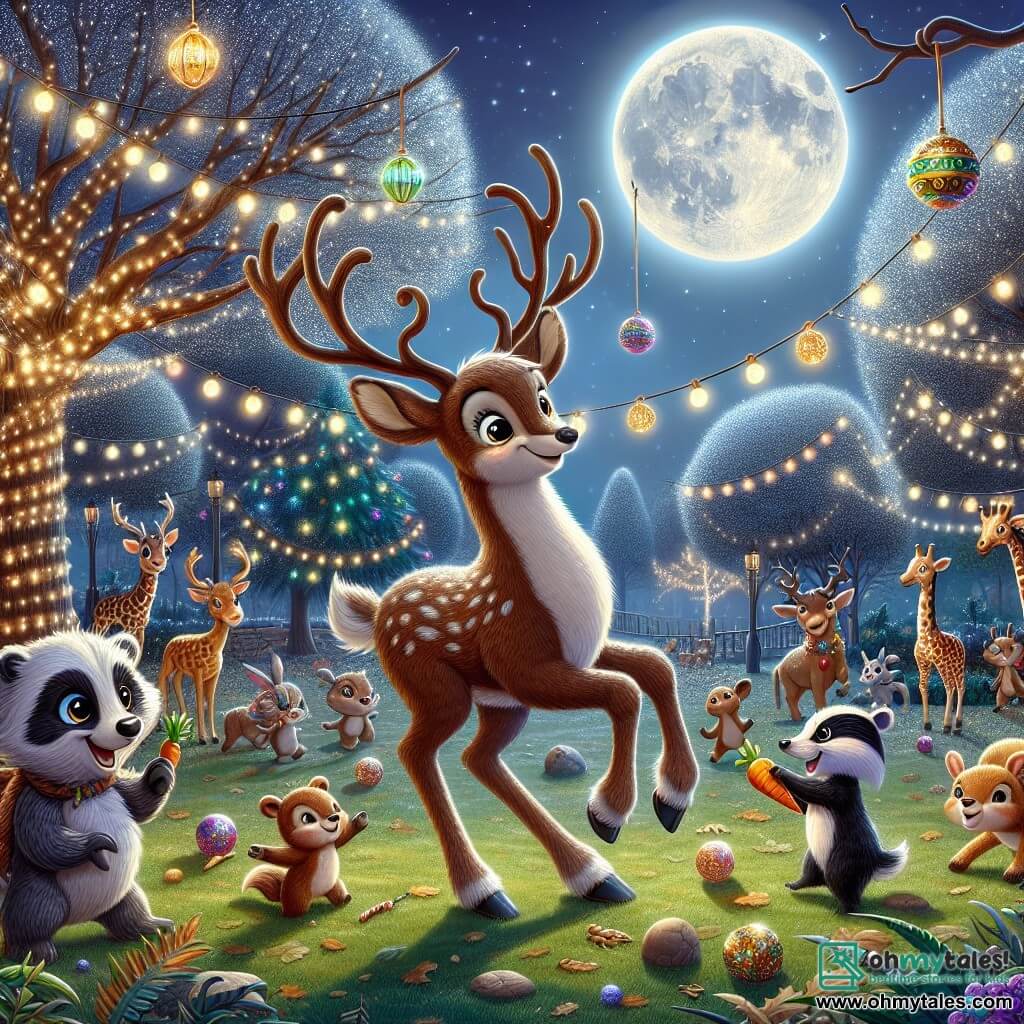 Illustration destinée aux enfants représentant une scène magique dans le Dazzle Grove, un parc du zoo baigné par la lumière argentée de la lune, où les arbres sont ornés de guirlandes lumineuses scintillantes et le sol est recouvert de feuilles dorées. Au centre, un renne aux grands yeux pétillants et aux bois majestueux, avec un pelage brun et doux, danse joyeusement sur l'herbe, entouré de ses amis animaux. À ses côtés, un badger au pelage noir et blanc, avec un sourire malicieux, tient une carotte dans ses pattes, tandis qu'une girafe au long cou, décorée de lumières colorées, s'amuse à accrocher des lanternes dans les branches. La scène est remplie de rires et de joie, avec des animaux s'affairant à préparer une chasse au trésor, des objets brillants cachés dans l'herbe et une atmosphère de camaraderie et d'amusement.