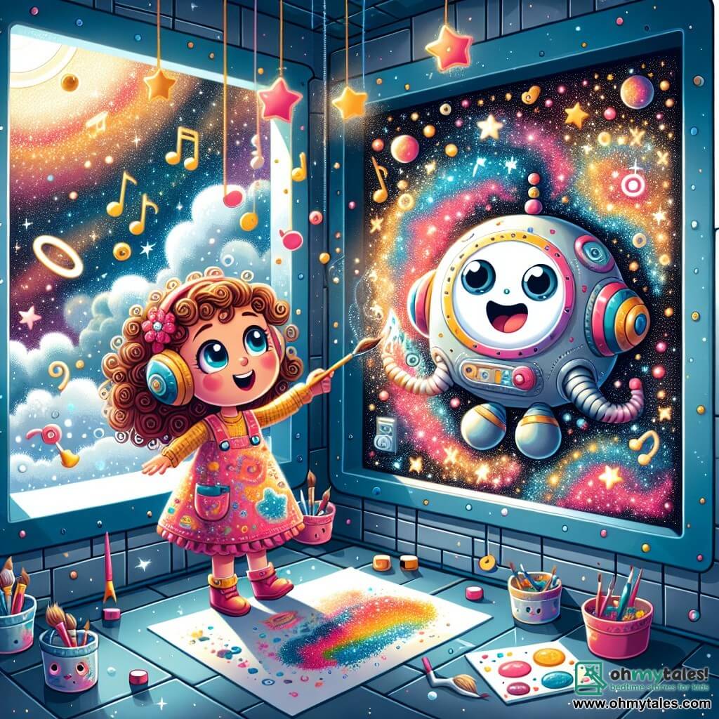 Une illustration sous forme de dessin destinée aux enfants représentant l'intérieur de la Celestial Station, un lieu magique flottant dans l'espace avec des murs en argent scintillant et des lumières colorées dansantes, où une fille de 7 ans aux cheveux bouclés et aux yeux brillants, vêtue d'une robe colorée, peint joyeusement sur un mur qui chante des mélodies joyeuses, tandis qu'un petit robot rond avec de grands yeux googly, flottant à ses côtés, l'encourage avec enthousiasme, le tout dans une ambiance de science fantasy remplie de couleurs éclatantes et de douce magie.