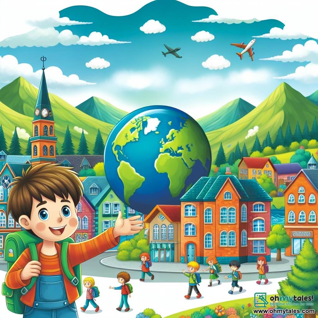 Une illustration destinée aux enfants représentant un jeune garçon plein de curiosité, se faisant de nouveaux amis et découvrant un monde fascinant à travers les aventures de son école colorée et lumineuse, située au milieu d'une petite ville animée, entourée de montagnes verdoyantes et d'arbres majestueux.