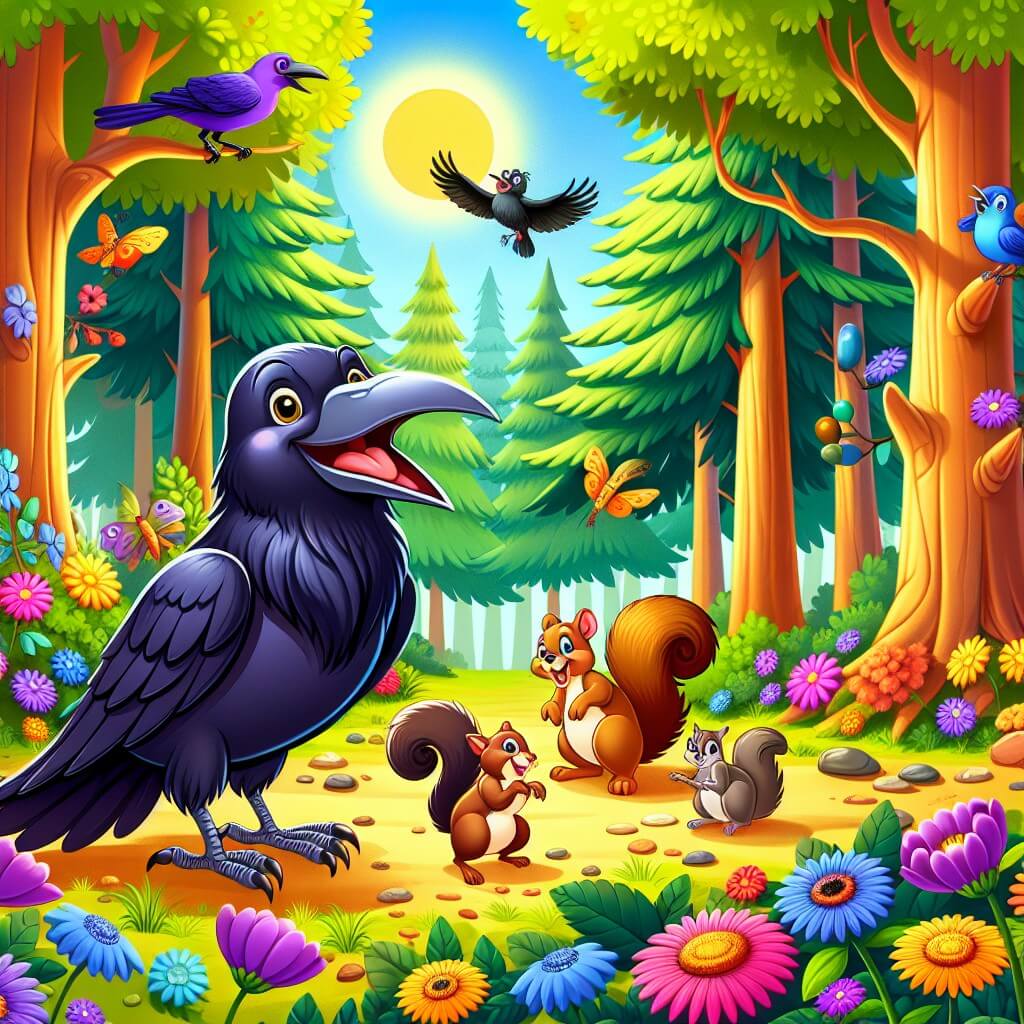 Une illustration destinée aux enfants représentant un corbeau bavard et malicieux, se retrouvant dans une forêt enchantée remplie d'animaux joyeux et colorés, avec un écureuil curieux et espiègle comme compagnon de jeu, dans une clairière ensoleillée entourée de grands arbres majestueux et de fleurs multicolores.