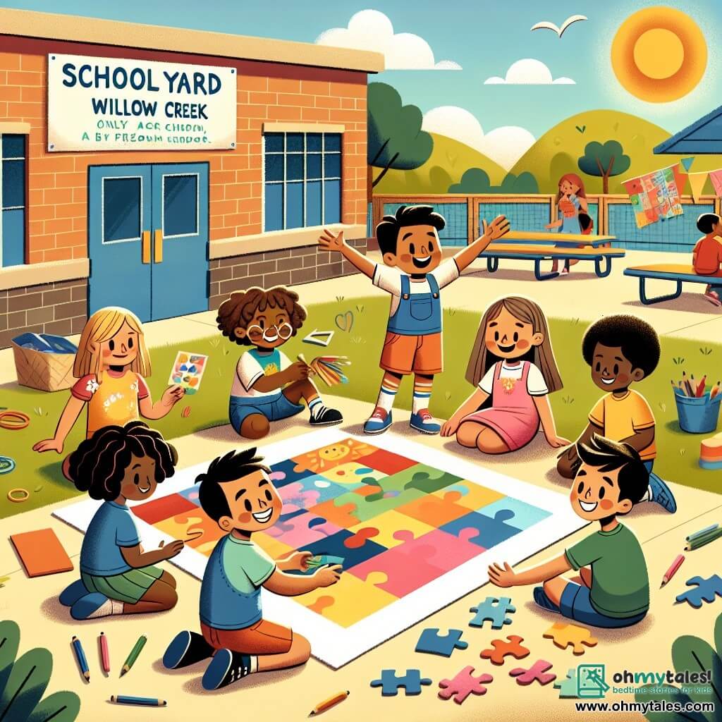 Une illustration sous forme de dessin destinée aux enfants représentant une cour d'école ensoleillée à Willow Creek, où un groupe d'enfants de 7 ans, composé d'un garçon aux cheveux bouclés et à la peau claire qui dessine joyeusement sur un grand papier, d'une fille aux cheveux noirs et à la peau mate qui tient un morceau de tissu coloré, d'un garçon aux cheveux bruns et à la peau olive qui raconte une histoire avec enthousiasme, et d'une fille aux cheveux blonds et à la peau claire qui assemble des pièces de puzzle, se rassemblent autour d'une magnifique fresque colorée illustrant la diversité et l'amitié, symbolisant l'importance de l'acceptation et du respect entre les cultures.